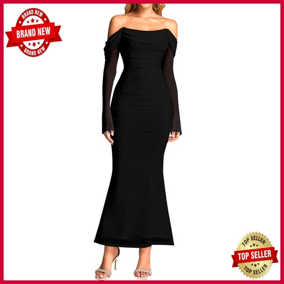 Off Shoulder Corset Maxi Dress Ruched Bodycon Formal Evening Party Wear
